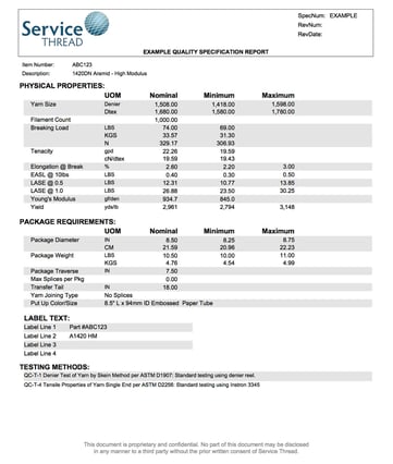 Example Yarn Specification Sheet